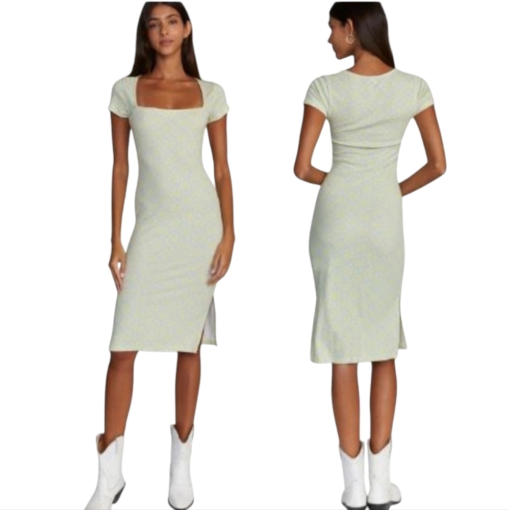 RVCA NWT Neon Yellow Square Neck Bodycon Midi Dress Women's Size M